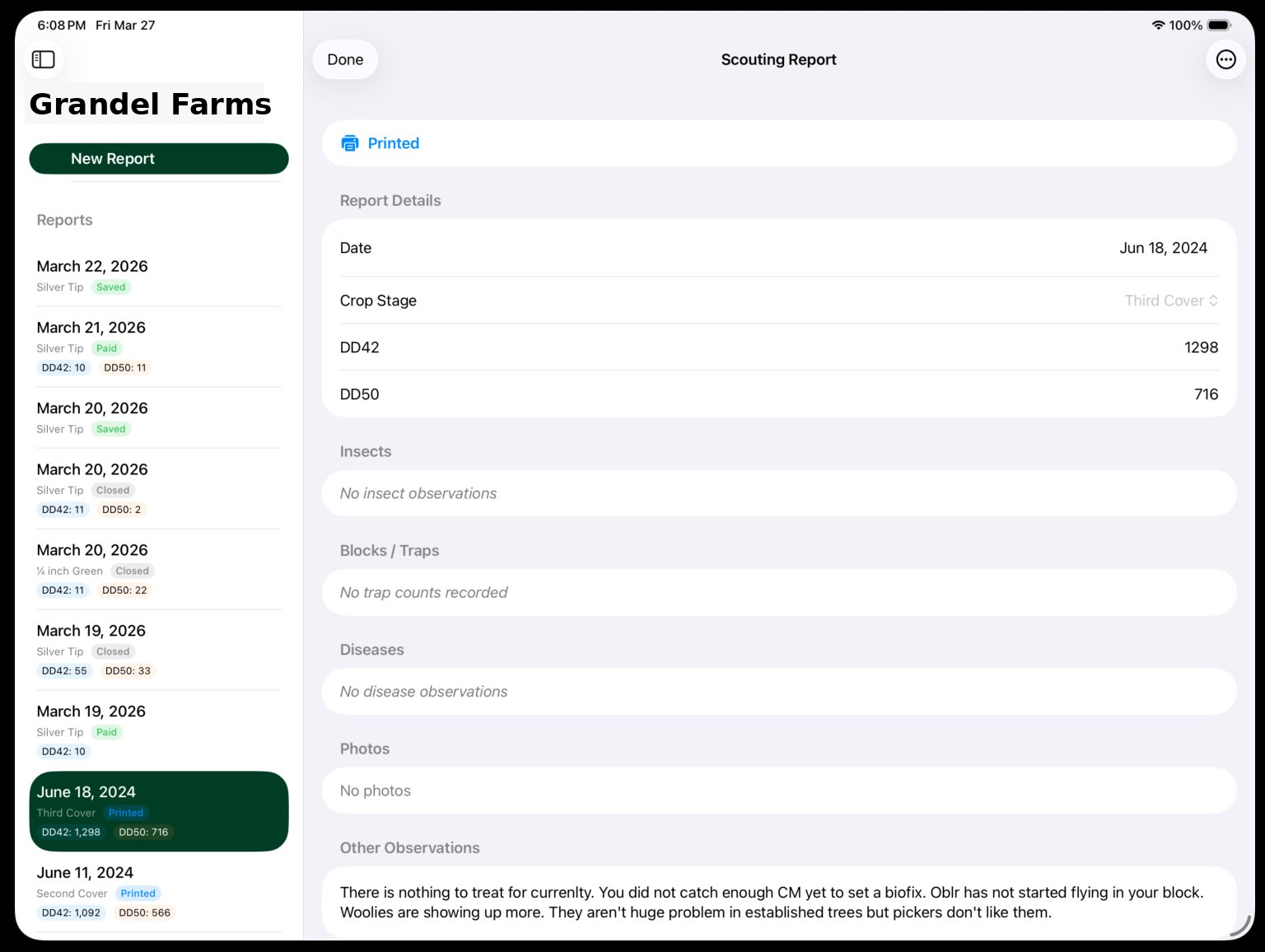 CMB Scout iPad app showing a scouting report for Brandel Farms with report list and form fields